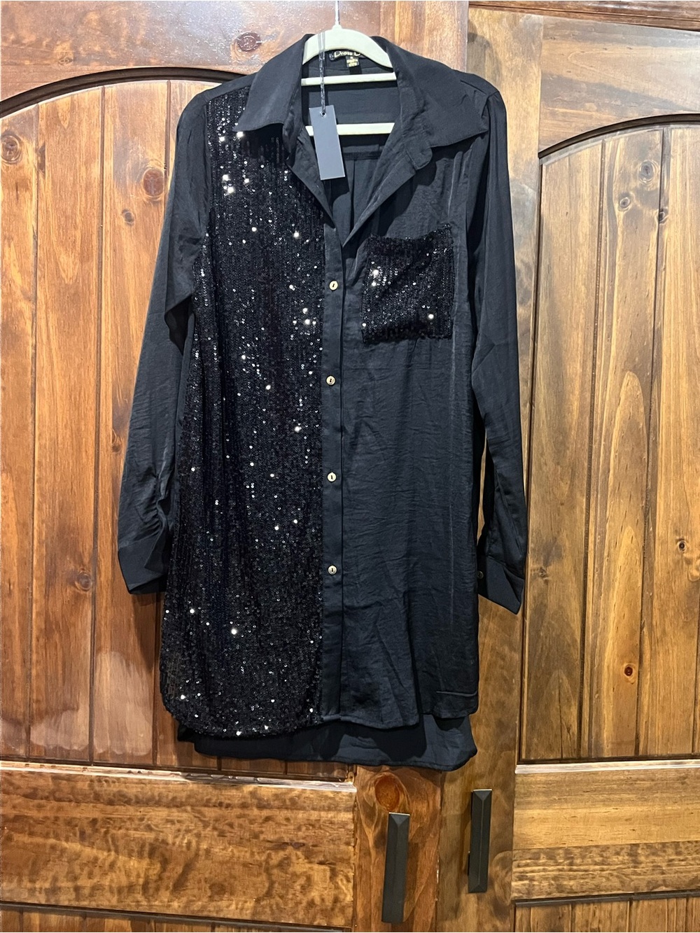Black Sequin Panel Shirt Dress - Women